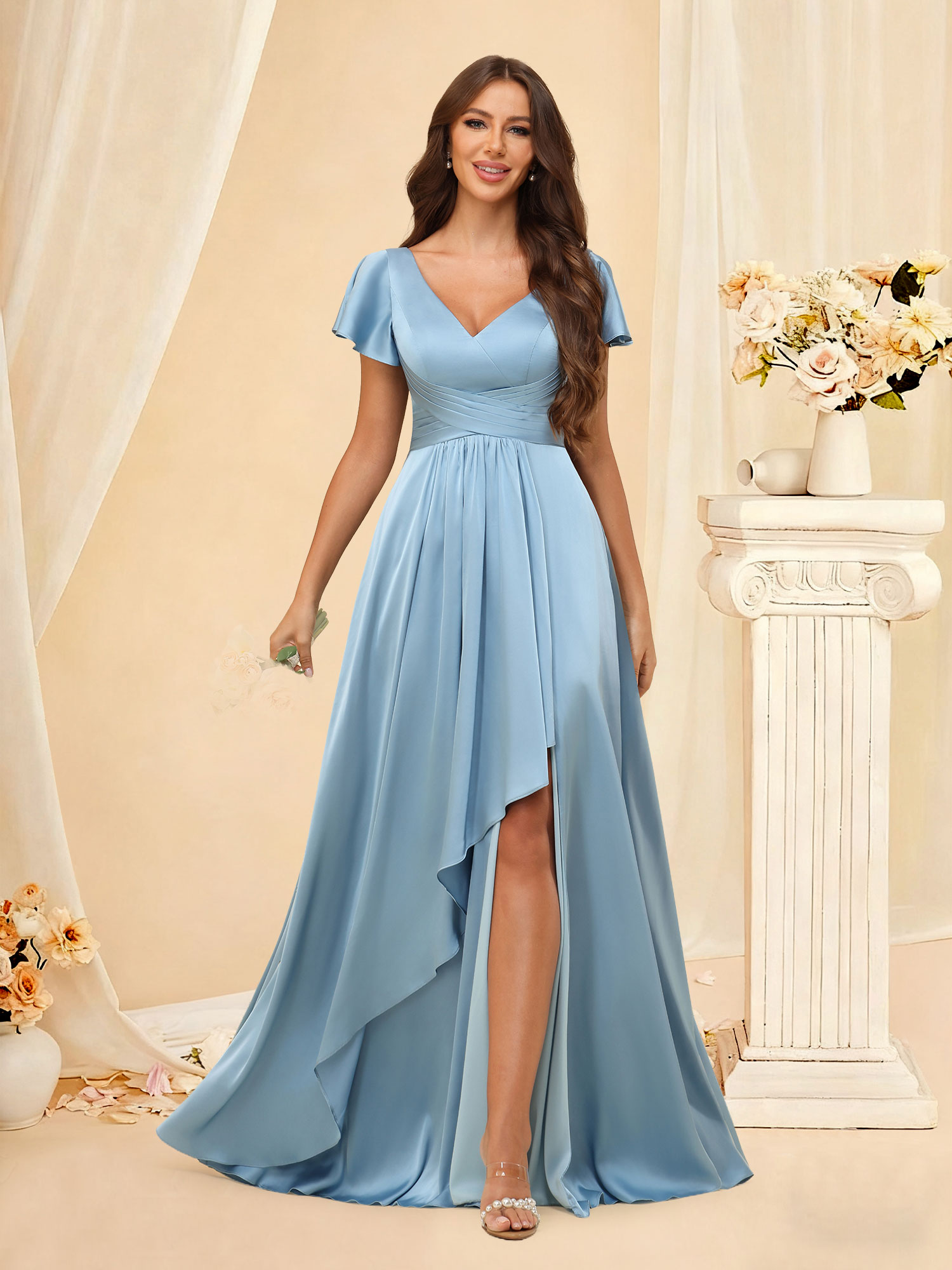 A-line V-Neck Ruffle Slit Satin Short Sleeve Bridesmaid Dress #RDBM2508022