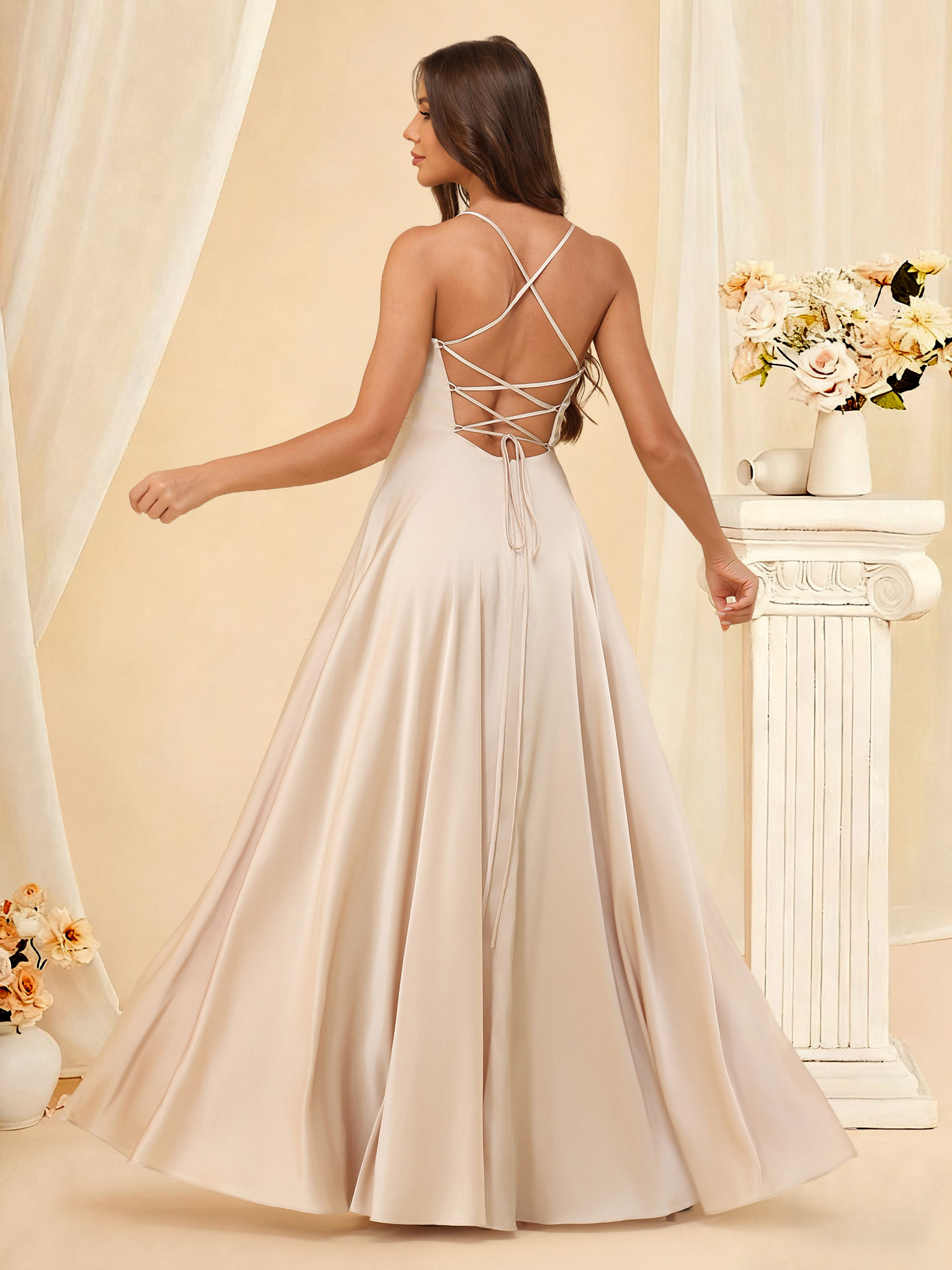 A-line V-Neck Prom Gown Spaghetti Straps Satin Bridesmaid Dress with Pockets #RDBM2507218