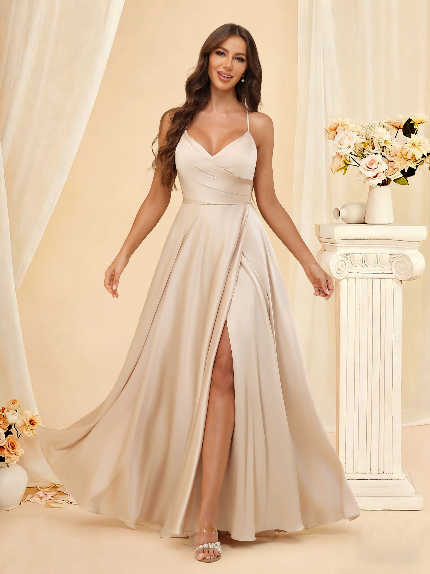A-line V-Neck Prom Gown Spaghetti Straps Satin Bridesmaid Dress with Pockets #RDBM2507218