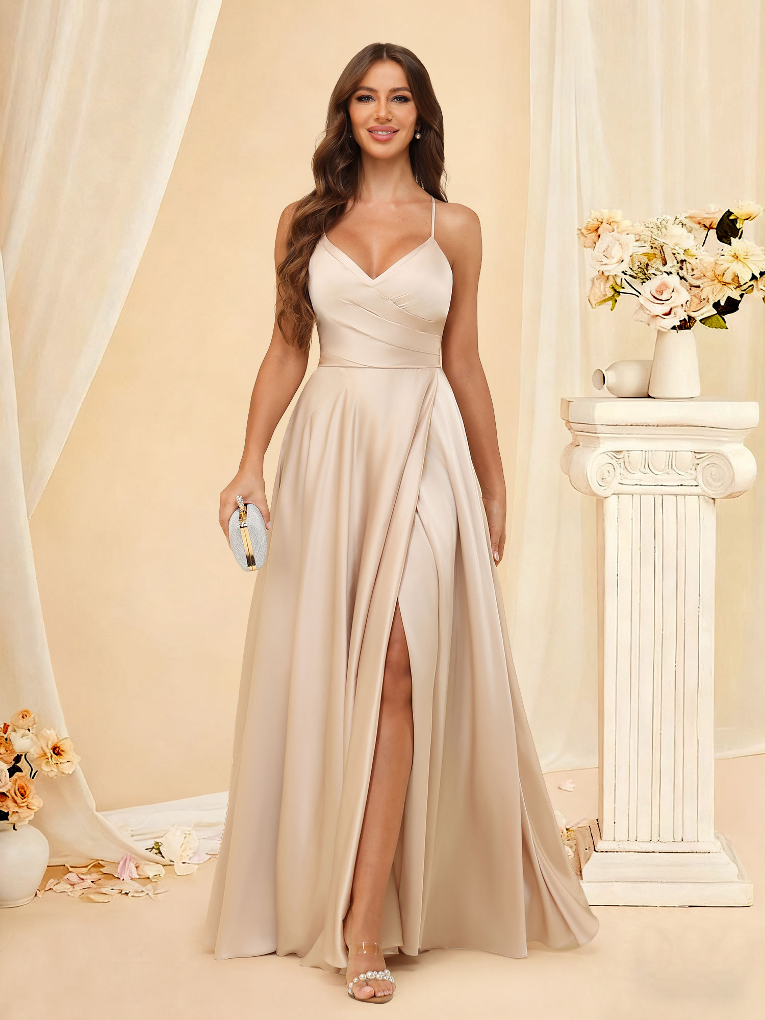 A-line V-Neck Prom Gown Spaghetti Straps Satin Bridesmaid Dress with Pockets #RDBM2507218
