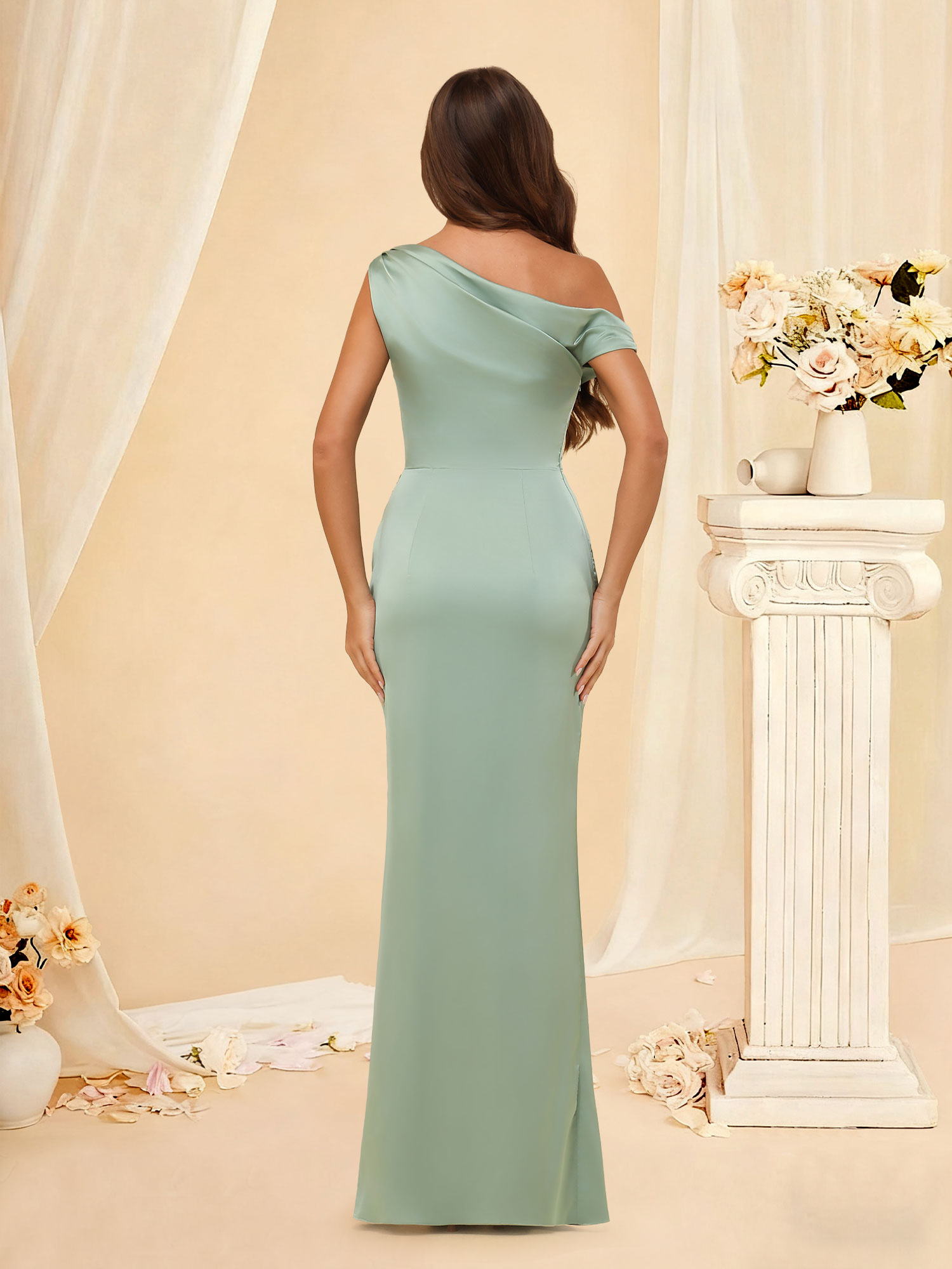 Mermaid One Shoulder Off Shoulder Satin Bridesmaid Dress with Slit #RDBM2507059