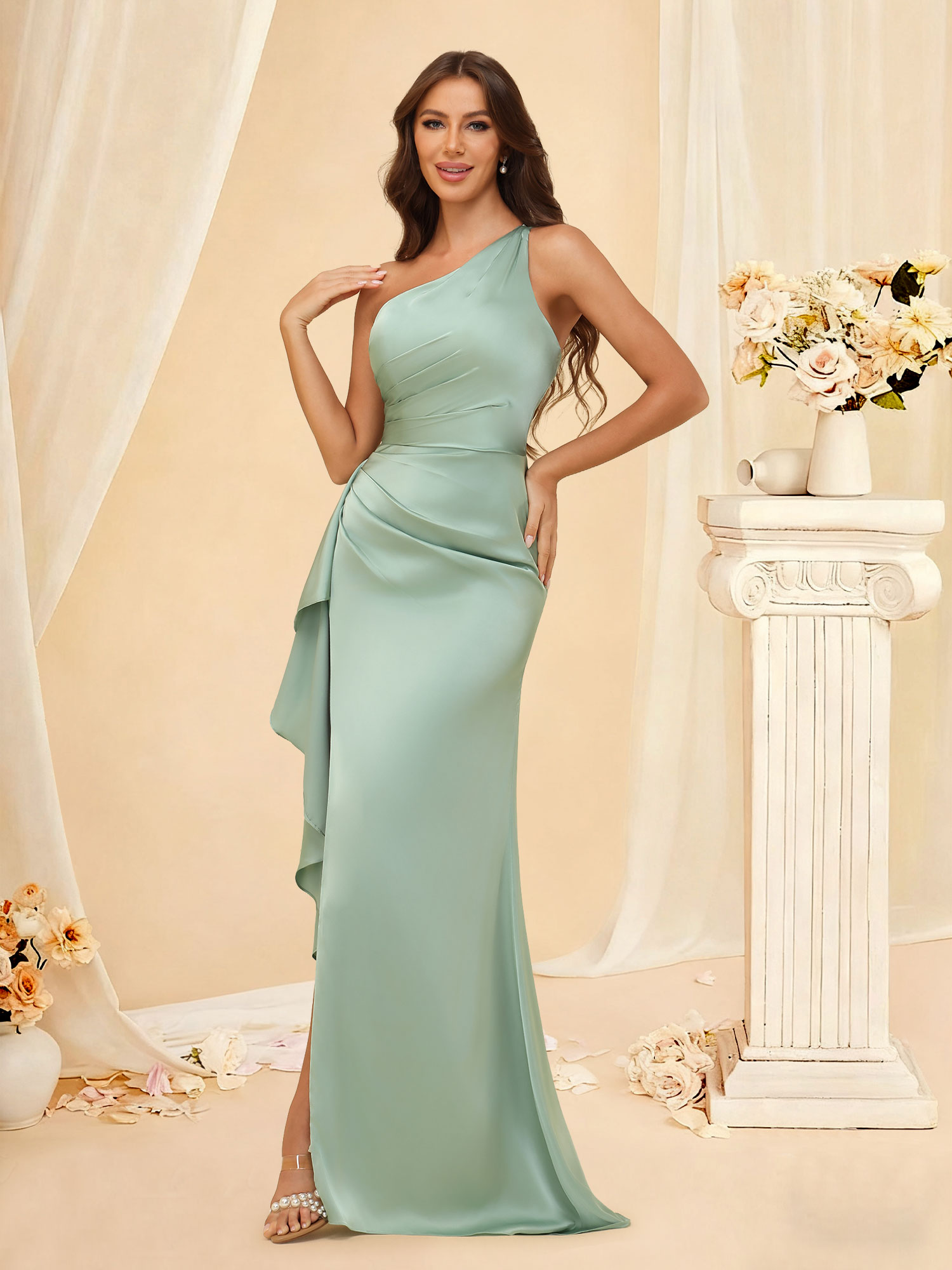 Classic Mermaid Prom Gown One Shoulder Satin Pleated Slit Bridesmaid Dress #RDBM2507139