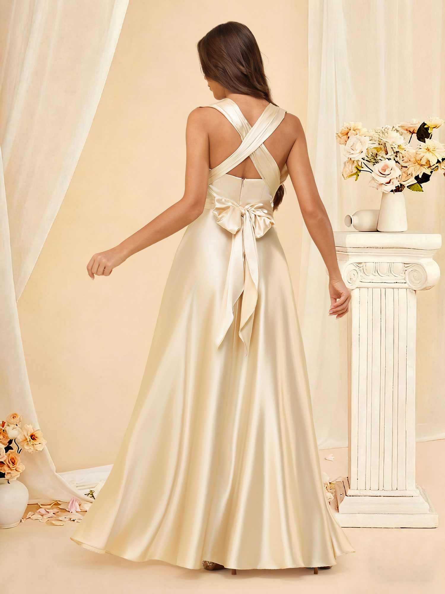 A Line Halter Prom Gown Satin Sleeveless Long Bridesmaid Dress #RDBM2507220