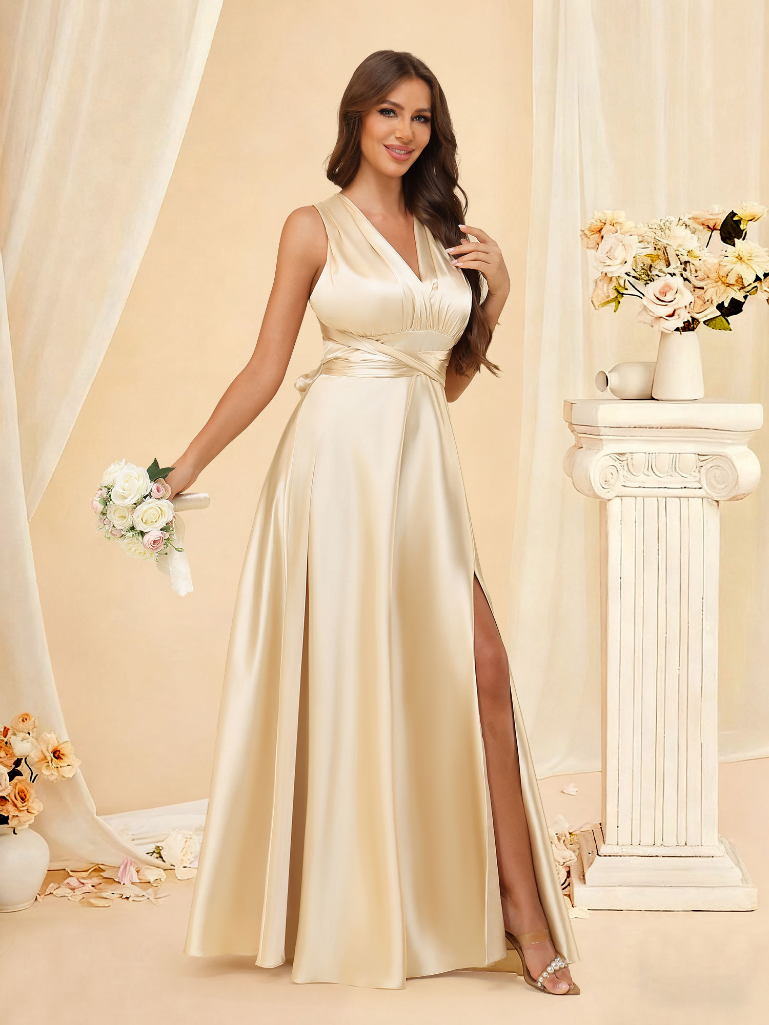 A Line Halter Prom Gown Satin Sleeveless Long Bridesmaid Dress #RDBM2507220