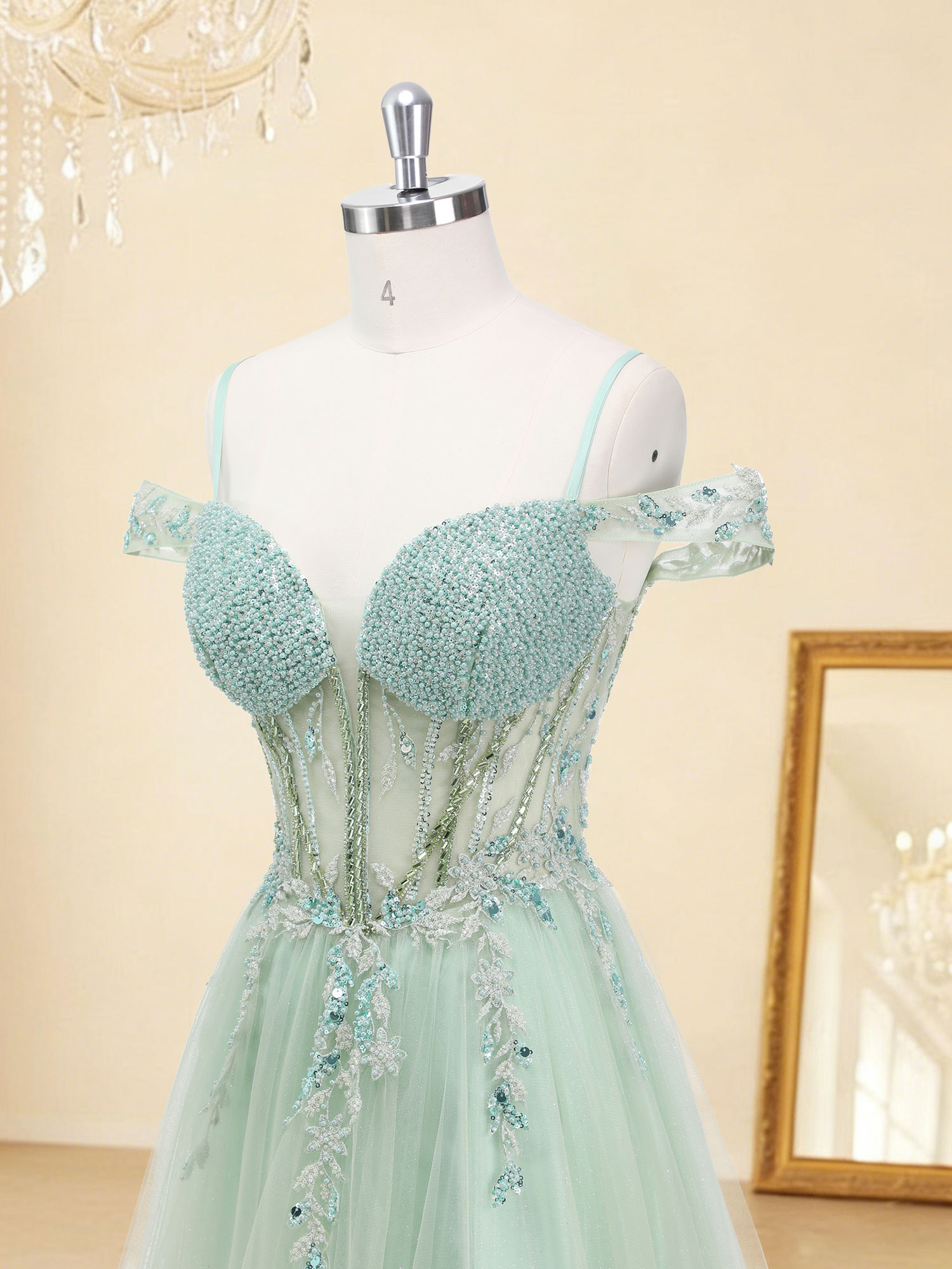 A-line Sweetheart Sparkly Tulle Beaded Lace Appliques Prom Dress