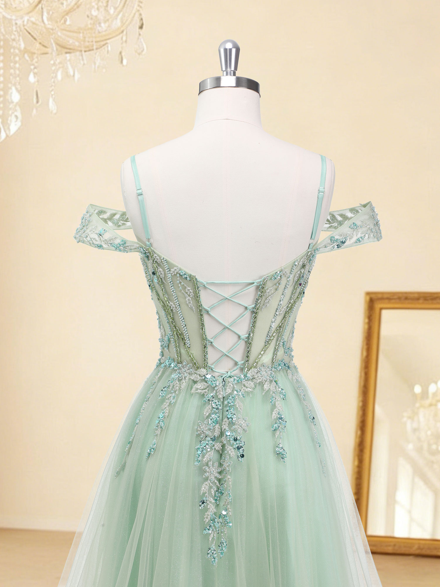 A-line Sweetheart Sparkly Tulle Beaded Lace Appliques Prom Dress