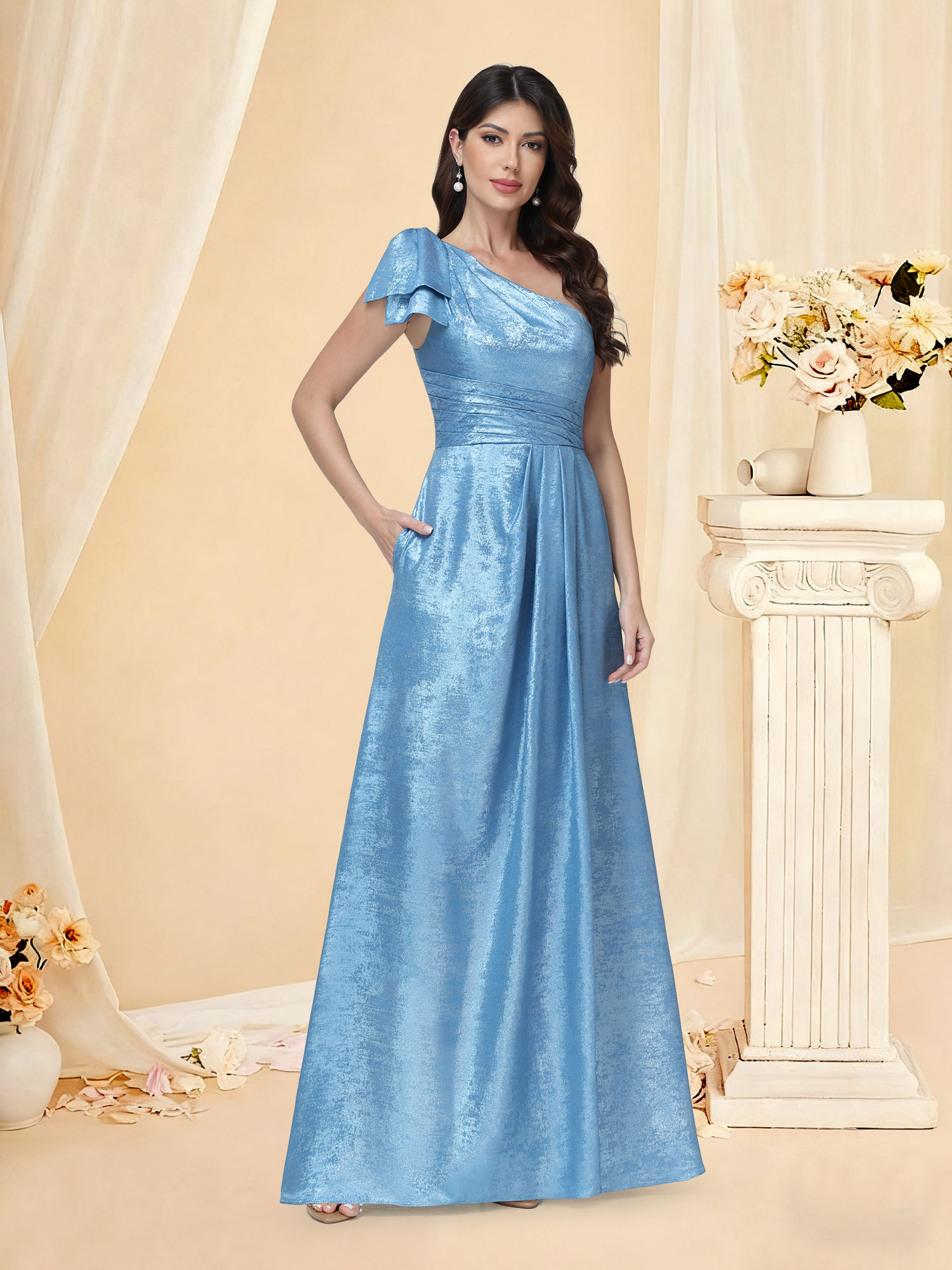 A-line One Shoulder Bridesmaid Dress Split Glitter Satin Prom Gown with Bow #RDBM2512052