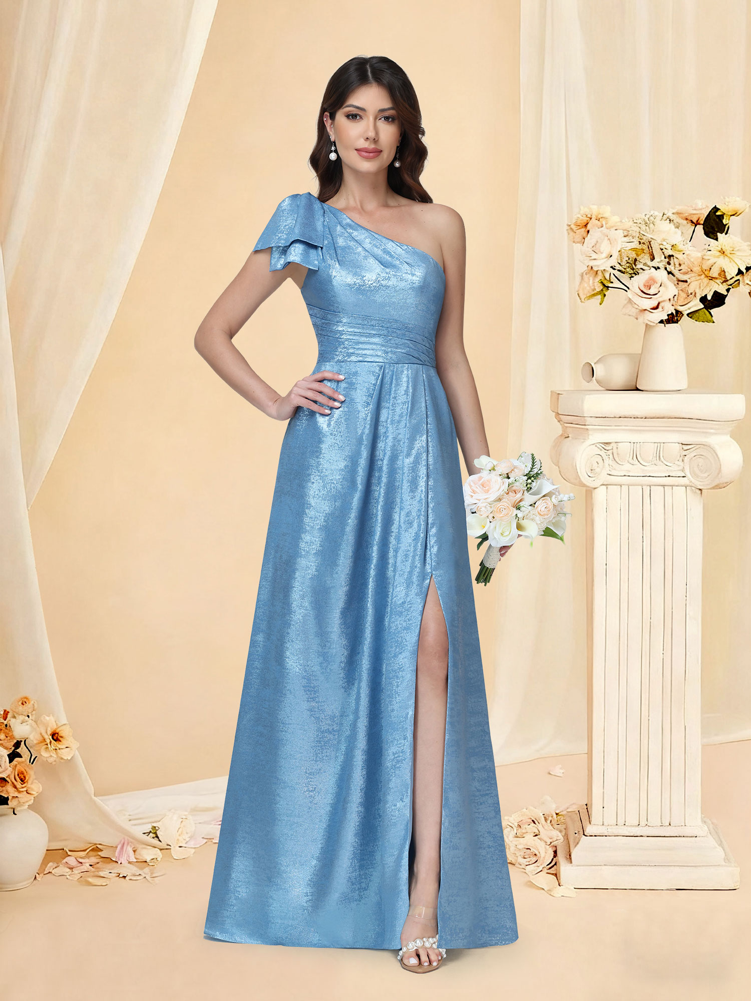 A-line One Shoulder Bridesmaid Dress Split Glitter Satin Prom Gown with Bow #RDBM2512052