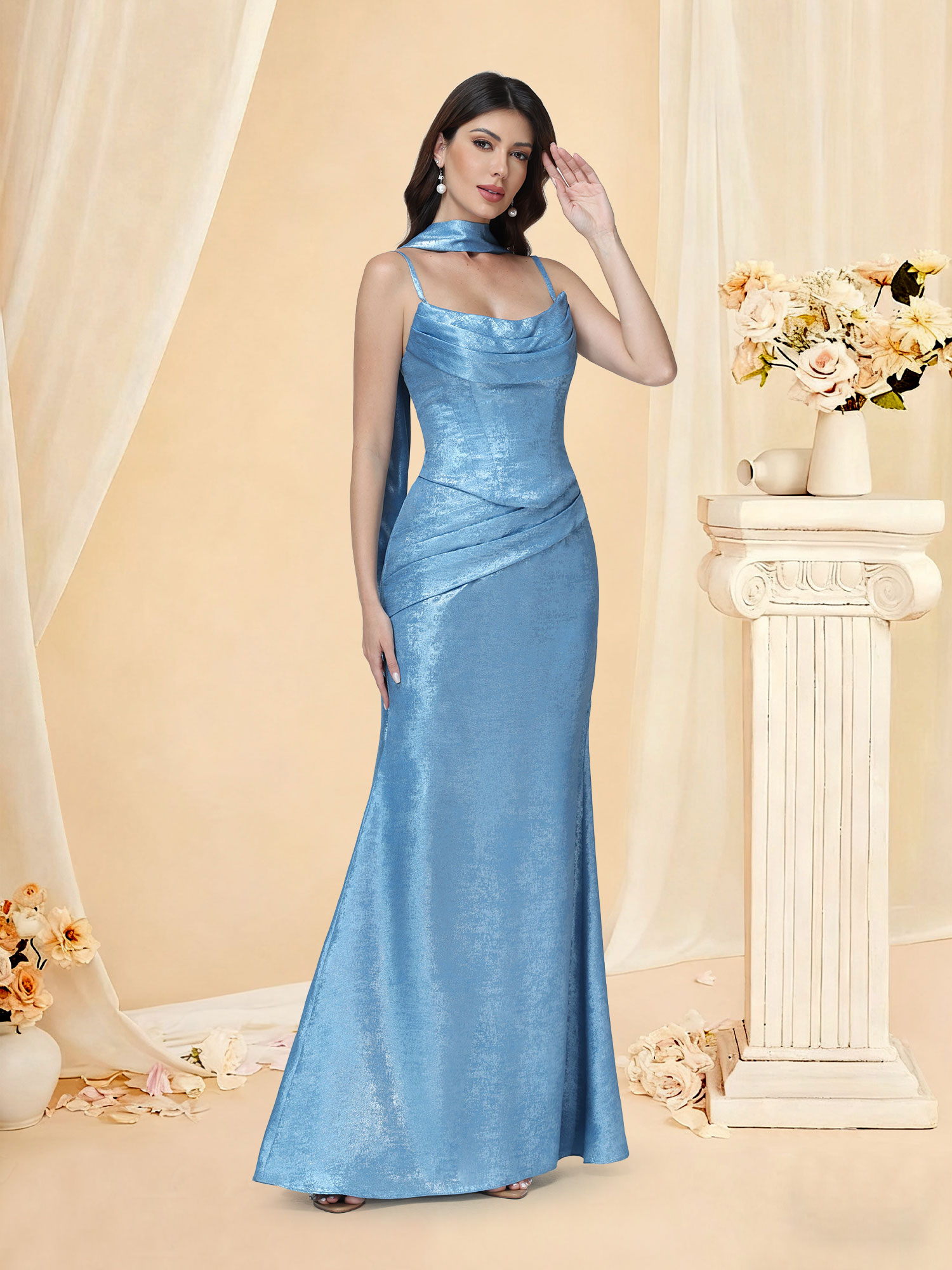 Mermaid Spaghetti Straps Metallic Foiled Corset Prom Dress with Scarf #RDBM2512054