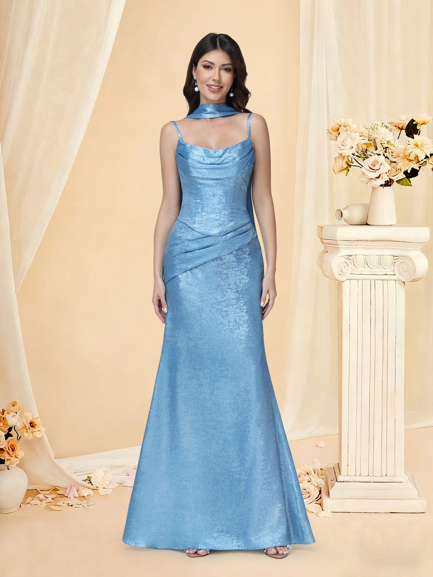 Mermaid Spaghetti Straps Metallic Foiled Corset Prom Dress with Scarf #RDBM2512054