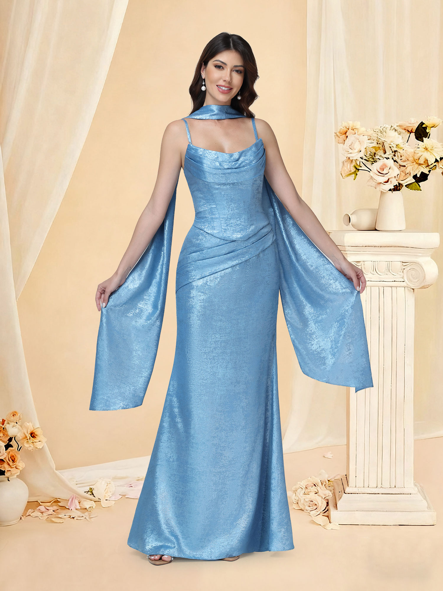 Mermaid Spaghetti Straps Metallic Foiled Corset Prom Dress with Scarf #RDBM2512054