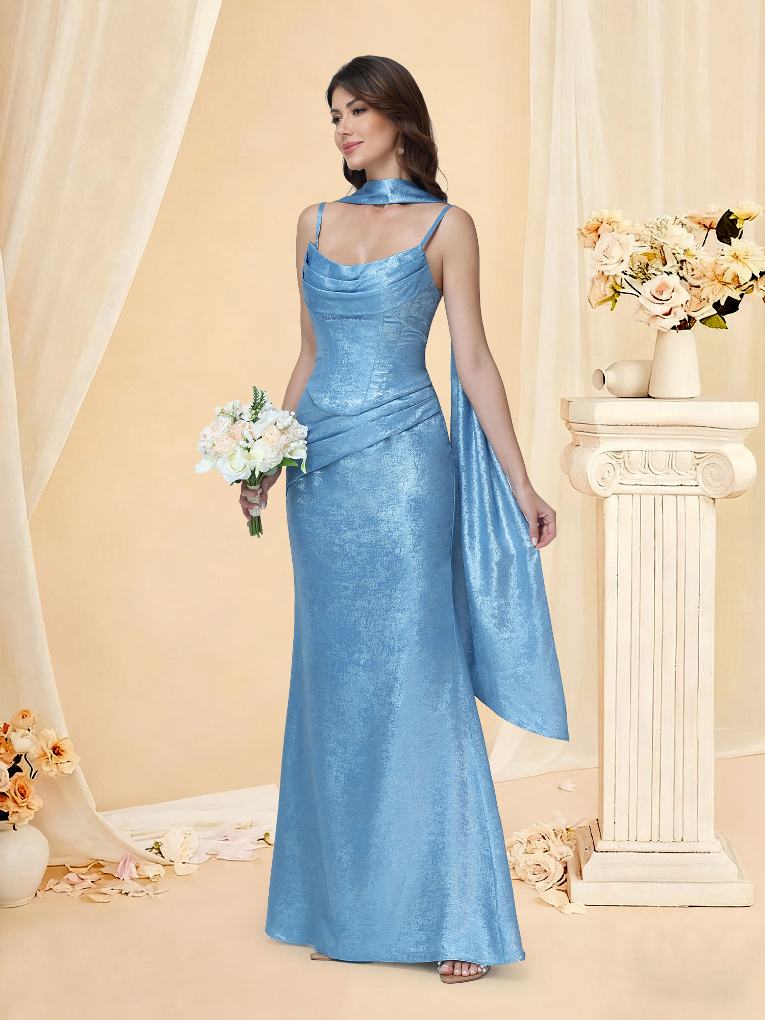 Mermaid Spaghetti Straps Metallic Foiled Corset Prom Dress with Scarf #RDBM2512054