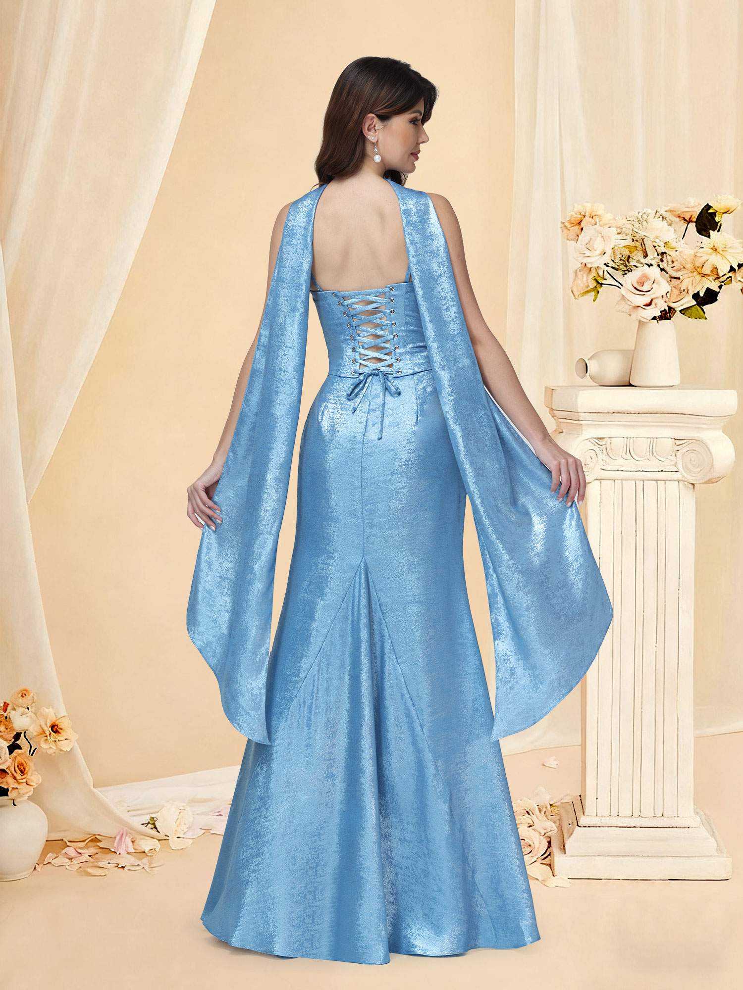 Mermaid Spaghetti Straps Metallic Foiled Corset Prom Dress with Scarf #RDBM2512054