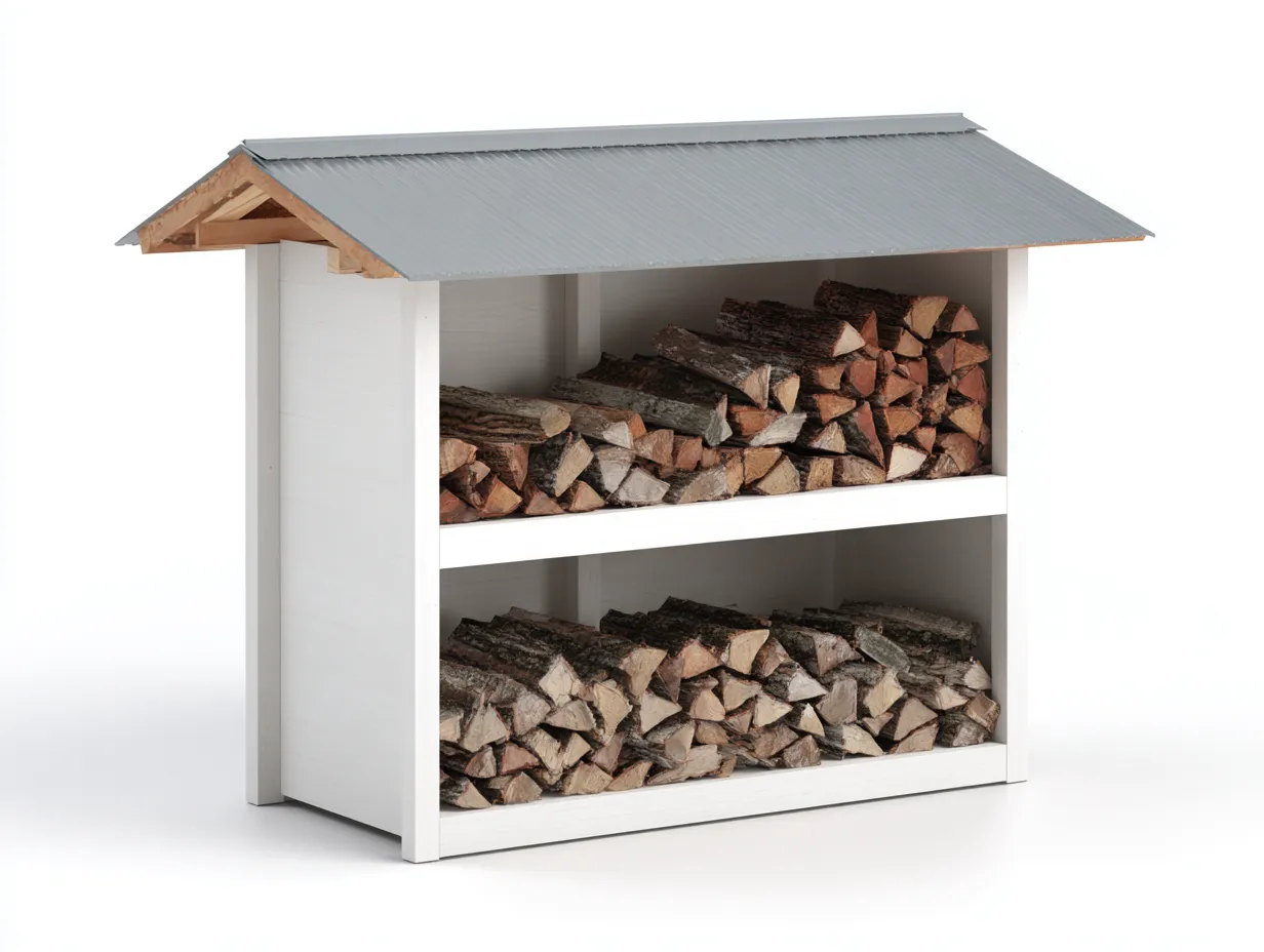 Kaminholzregal - Holz-Metall - 148 x 60 x 154 cm - Weiß-Grau-Natur - Landhausstil-Roommyio