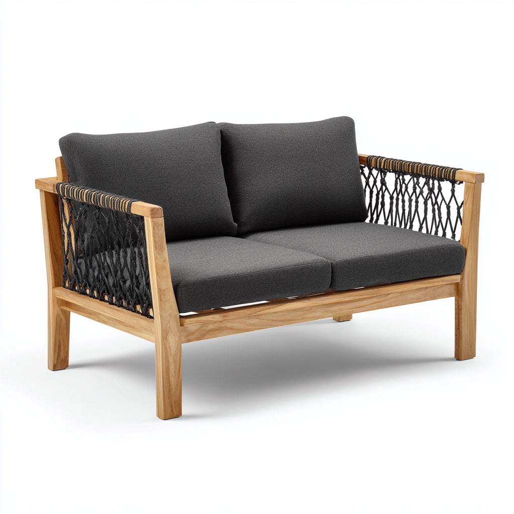 Divani da esterno-legno massello-corda-tessuto 152x81x80 cm-grigio scuro-legno naturale-stile moderno-Casaupbase