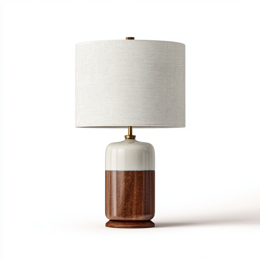 Lampada da tavolo - legno-ceramica-tessuto - 25x25x46 cm - legno scuro-bianco crema - stile moderno-Casaupbase