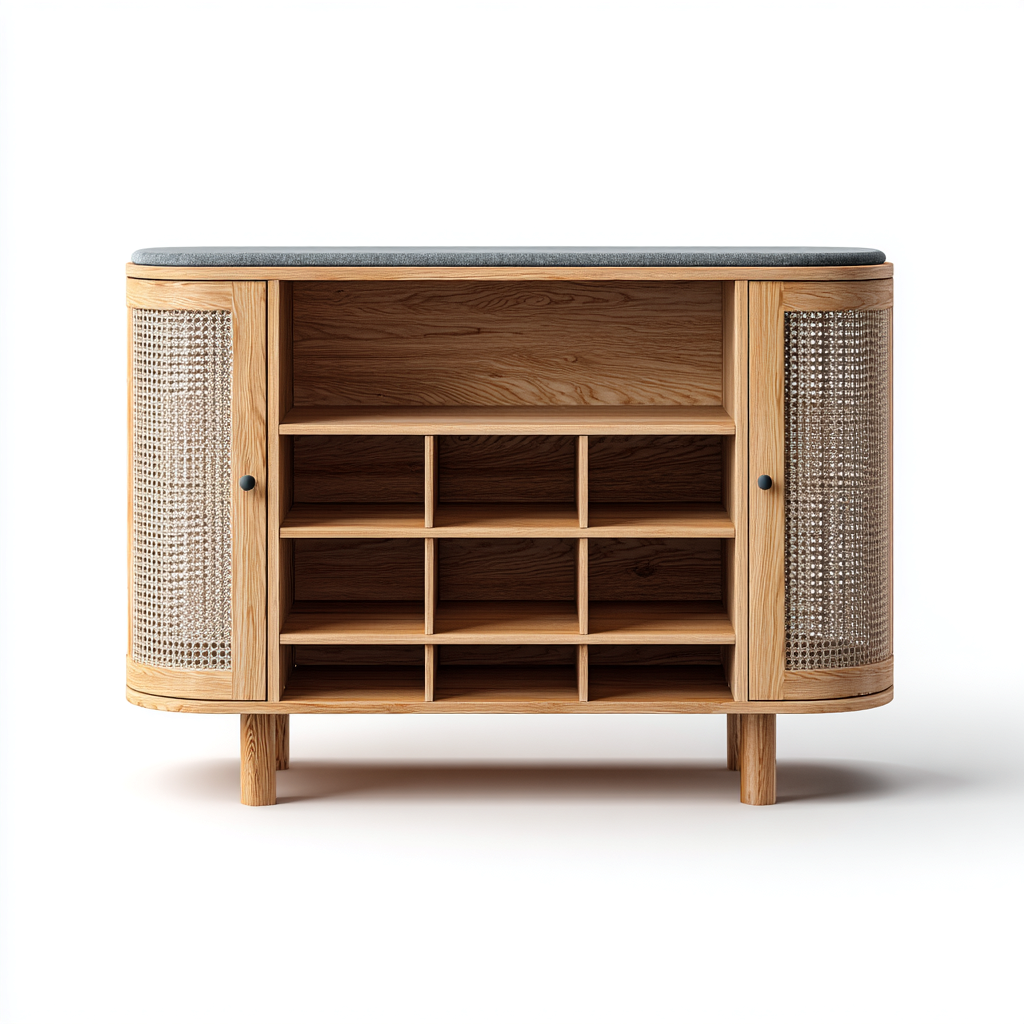 Scarpiera-legno-mdf-rattan-tessuto-100x35x85 cm-naturale-grigio-stile moderno-Casaupbase