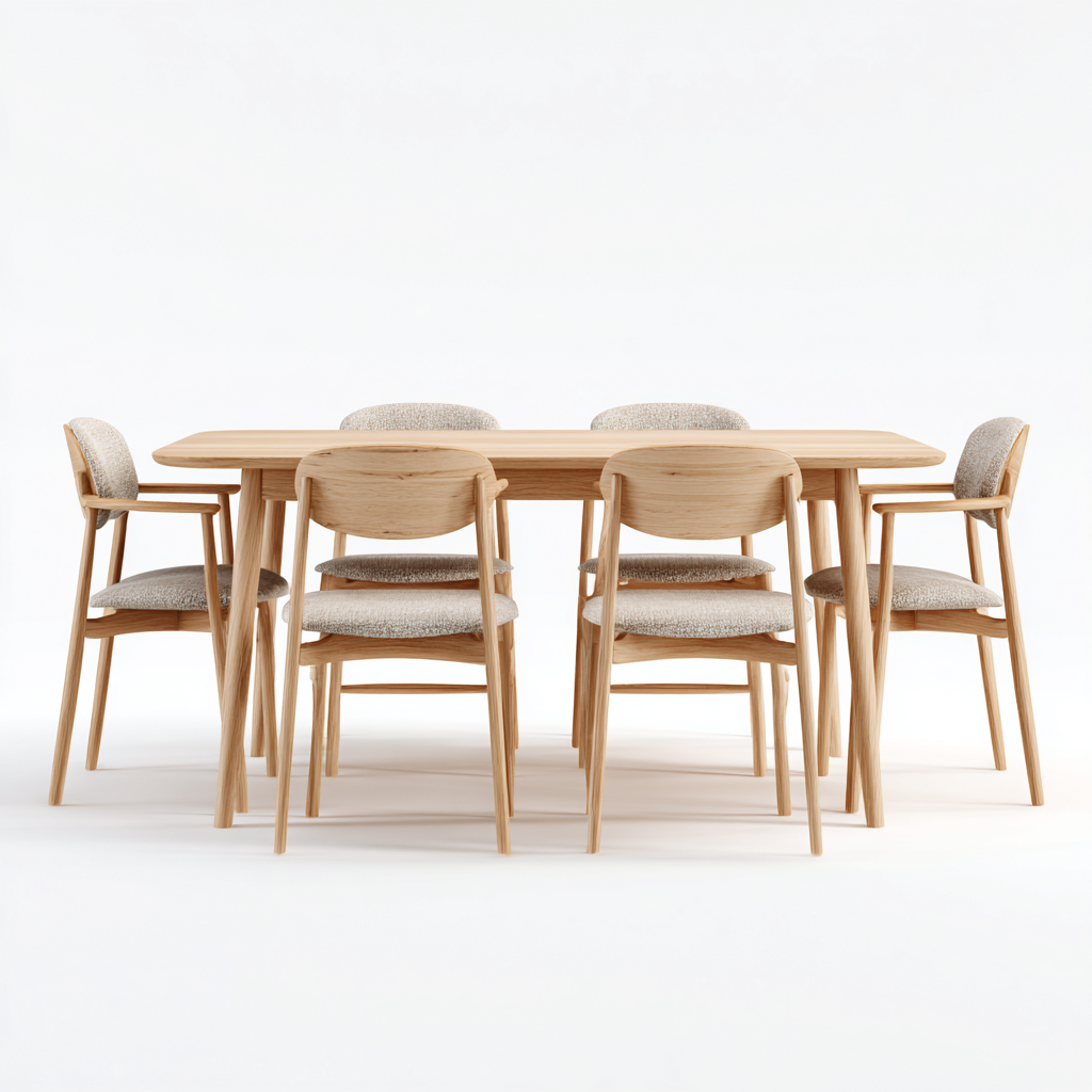 Tavolo e sedie-Legno massello-Tessuto-180x90x75 cm-legno naturale-beige-design nordico-Casaupbase