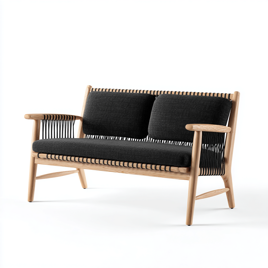 Divani da esterno-legno massello-corda-tessuto 160x76x78 cm-nero-legno naturale-stile contemporaneo-Casaupbase