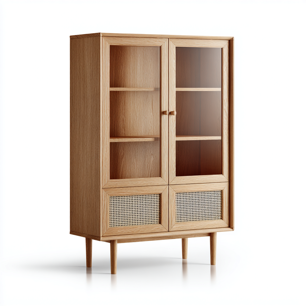 Armadietti da cucina-legno massello-vetro-rattan-100x45x165 cm-legno naturale-japandi-Casaupbase