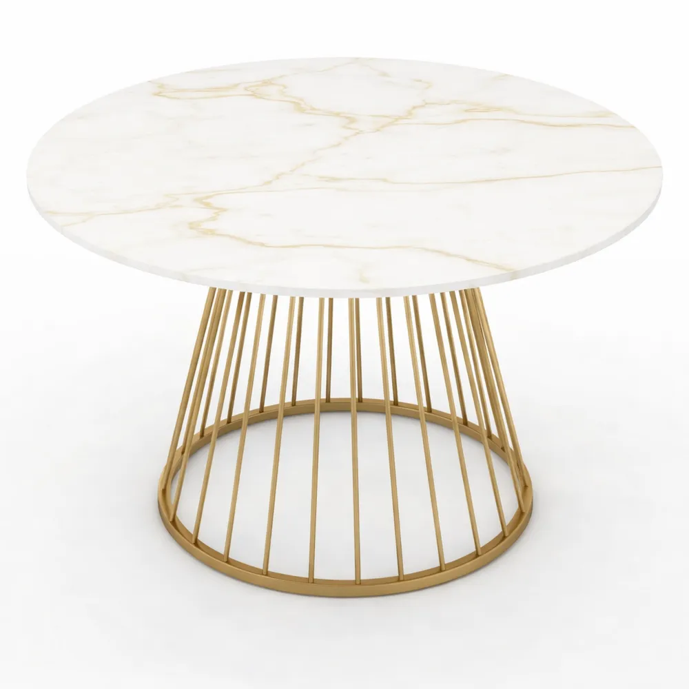 Tavolo da pranzo rotondo per 6 persone con base in ottone e piano effetto marmo bianco 110 cm