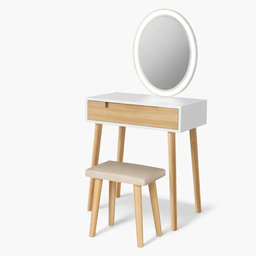 Tavolo da Trucco con Specchio LED e Sgabello, 1 Cassetto, 3 Scomparti