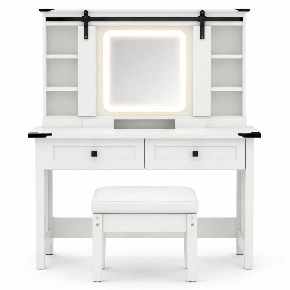 Toeletta trucco con sgabello e specchio LED regolabile