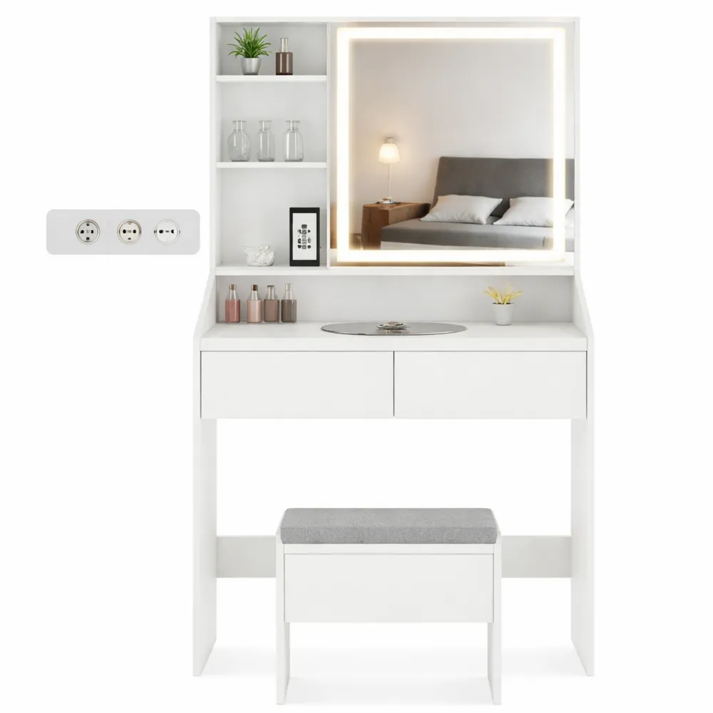 Tavolo da Trucco con Luci LED e Stazione di Ricarica, Illuminazione Regolabile, 3 Ripiani e 2 Cassetti