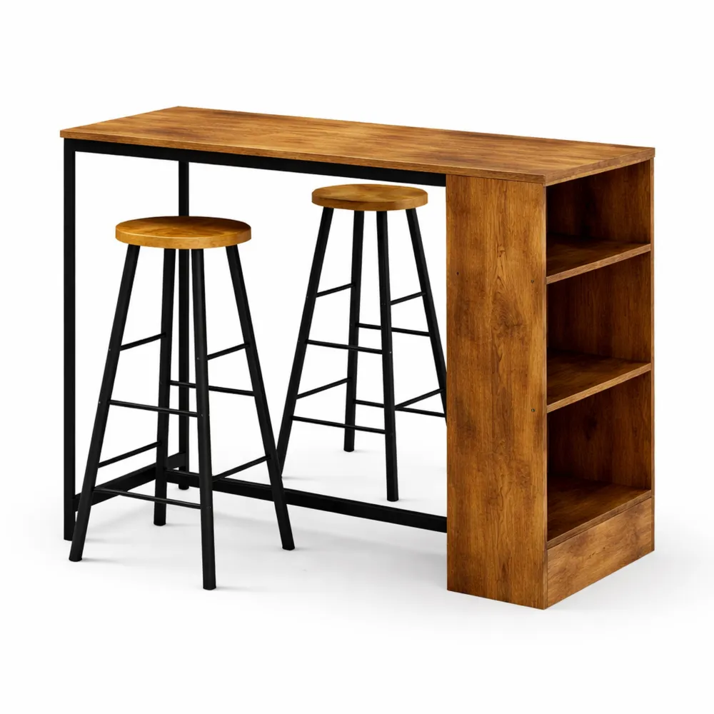 Set da Pranzo con Bancone e Sgabelli Alti, Tavolo con Ripiani Laterali, Stile Industriale, Colore Marrone