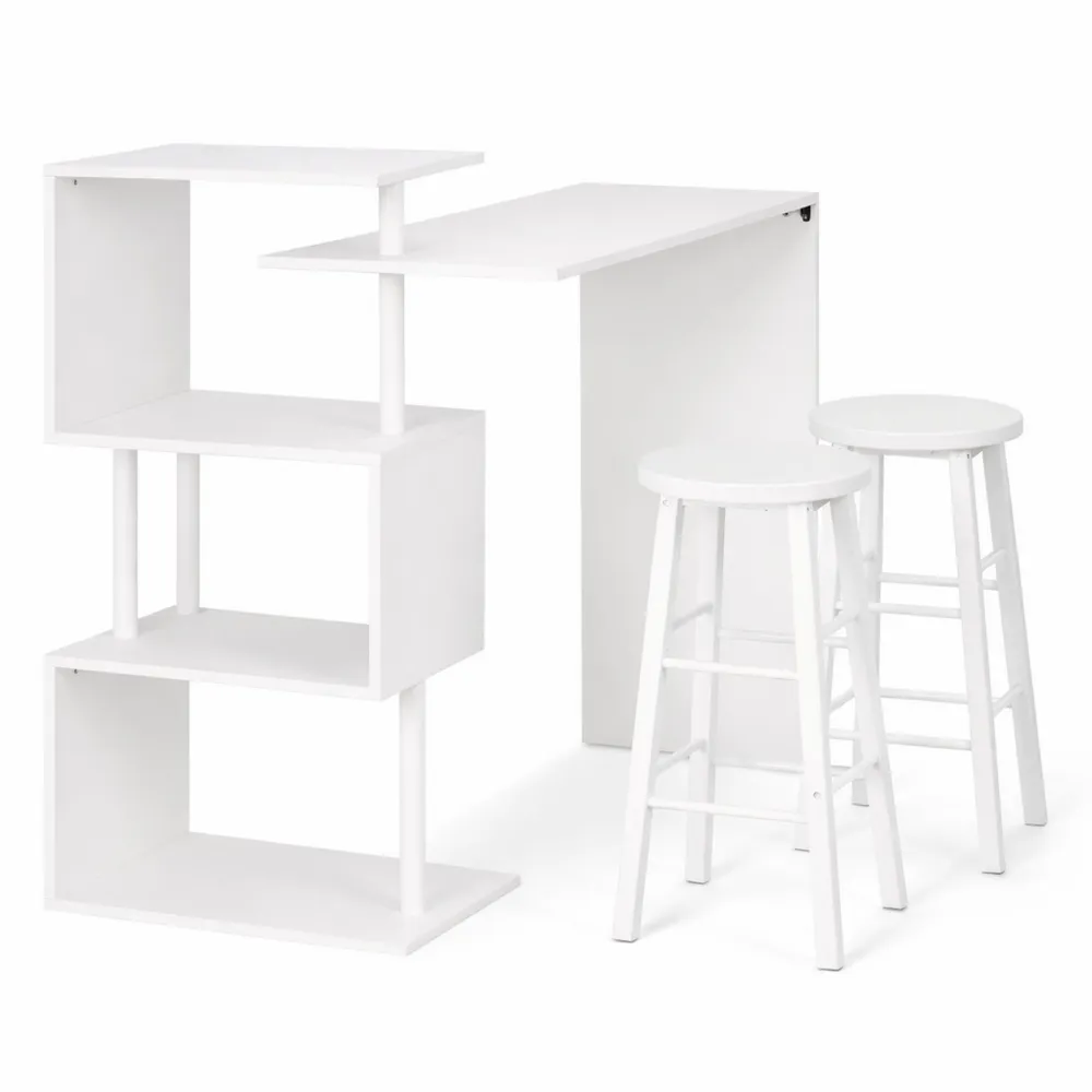 Set Tavolo e Sgabelli Alti da Bar con Ripiano Portaoggetti, Bianco