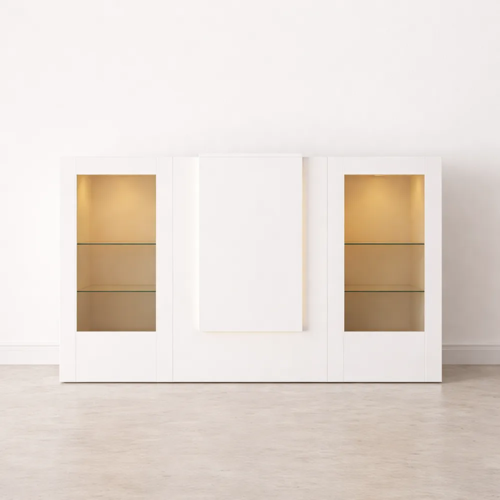 Tavolo da reception bianco con illuminazione e spazio di archiviazione