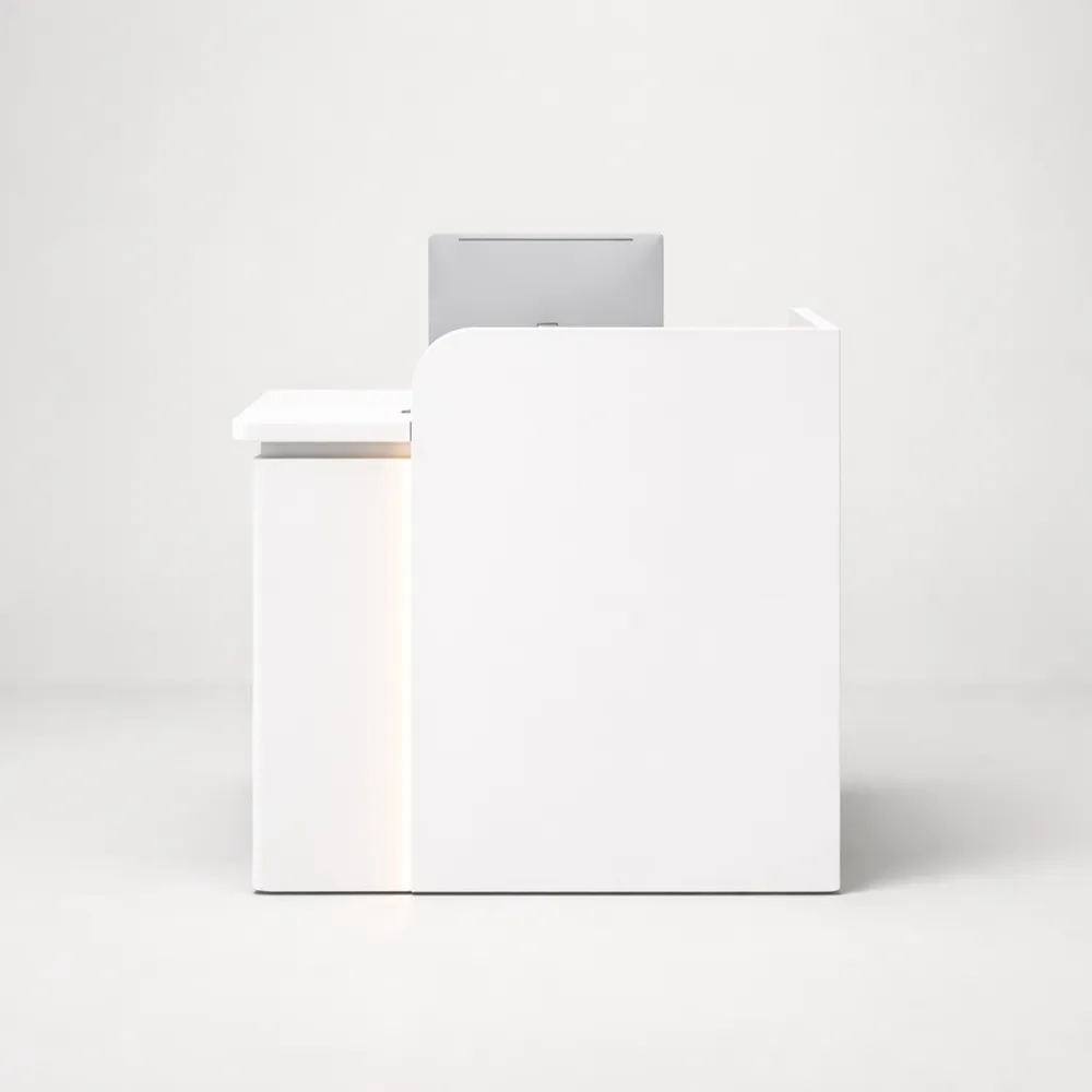 Banco reception compatto per salone e spa, ideale per piccoli spazi, tavolo frontale elegante per hotel e barbieri