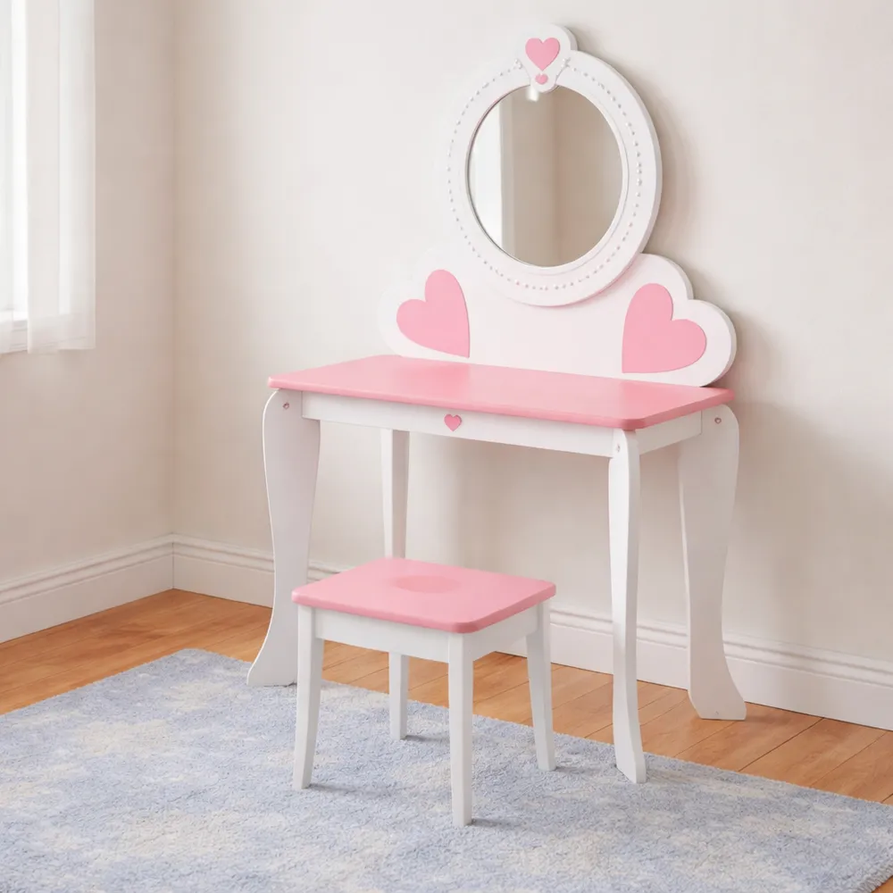 Toeletta per Bambini con Specchio, Scrivania in Legno con Sgabello, per Bambini 3-8 Anni