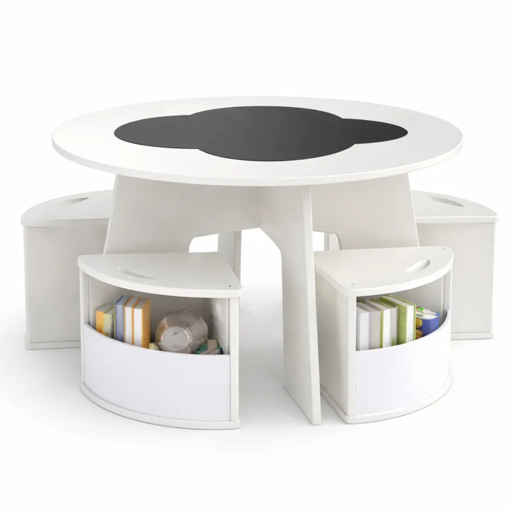 Set Tavolo Rotondo con Lavagna e Sedie Portaoggetti per Bambini 3+ Anni