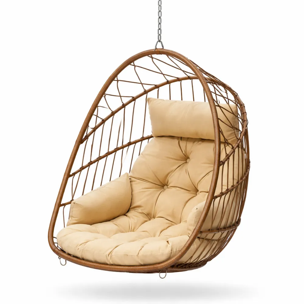 Sedia a Dondolo da Giardino con Cuscini, Struttura Robusta in Rattan, Amaca Sospesa con Catena e Gancio per Interni ed Esterni