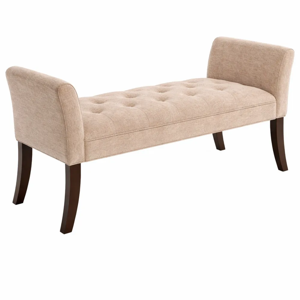 Panca Imbottita con Design a Bottoni in Tessuto e Legno, 141x44x65 cm, Beige