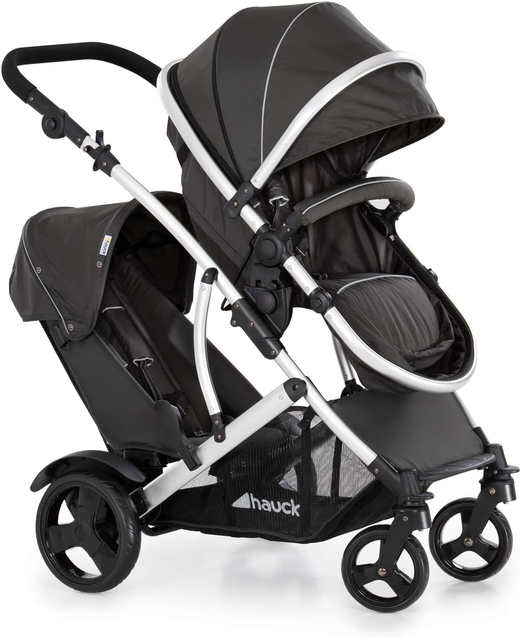 Silla de paseo gemelar negra ligera con protector de lluvia asiento convertible en capazo y carga 15 kg por niño-Nookgetly