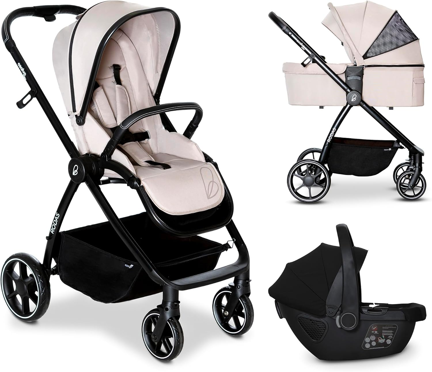 Carrito bebé 3 en 1 beige con silla paseo silla auto capota extensible suspensión freno trasero y carga 22 kg-Nookgetly