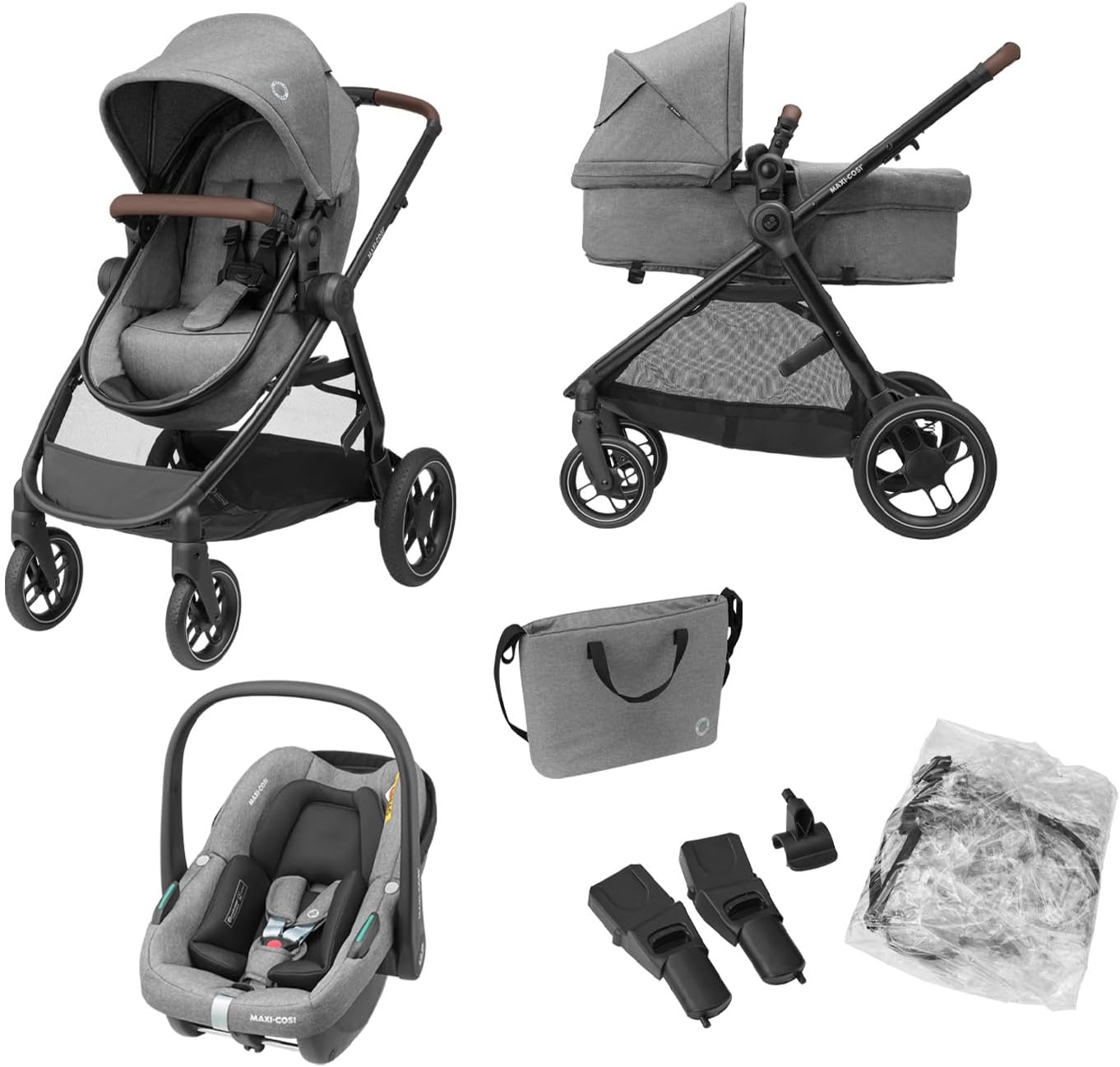 Maxi-Cosi Zelia S Trio cochecito bebé 3 piezas con silla de coche CabrioFix S i-Size, carrito modular plegable, reclinable y compacto hasta 22 kg, incluye bolso cambiador, gris-Nookgetly
