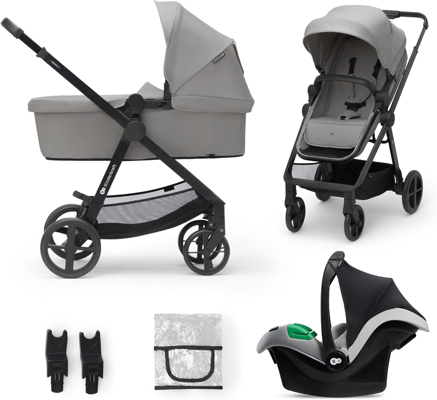 Kinderkraft NEWLY carrito 3 en 1 i-Size para bebés, sistema de viaje ligero y plegable desde el nacimiento hasta 22 kg, gris-Nookgetly