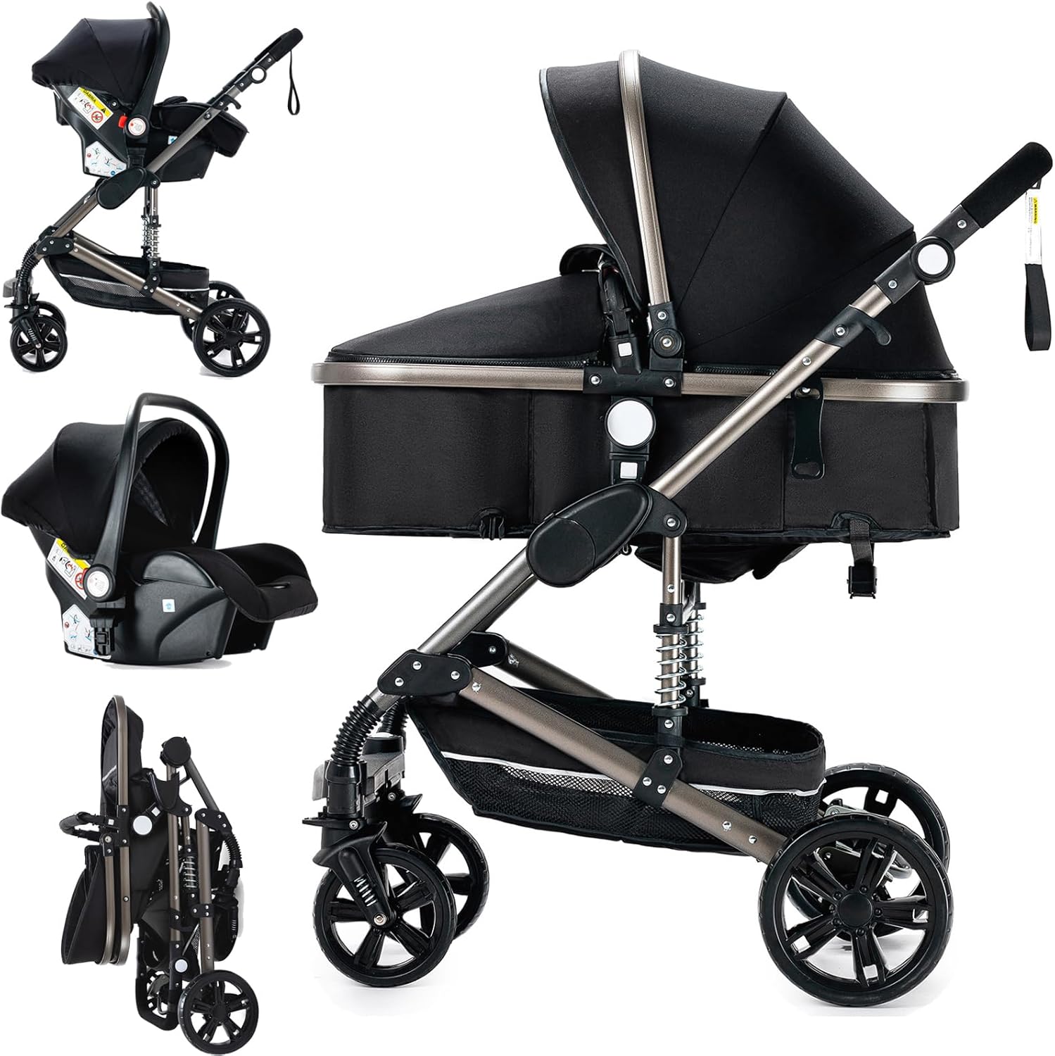 Carrito bebé 3 en 1 negro de lino con plegado un clic doble empuje reversible y paisaje alto hasta 30 kg-Nookgetly