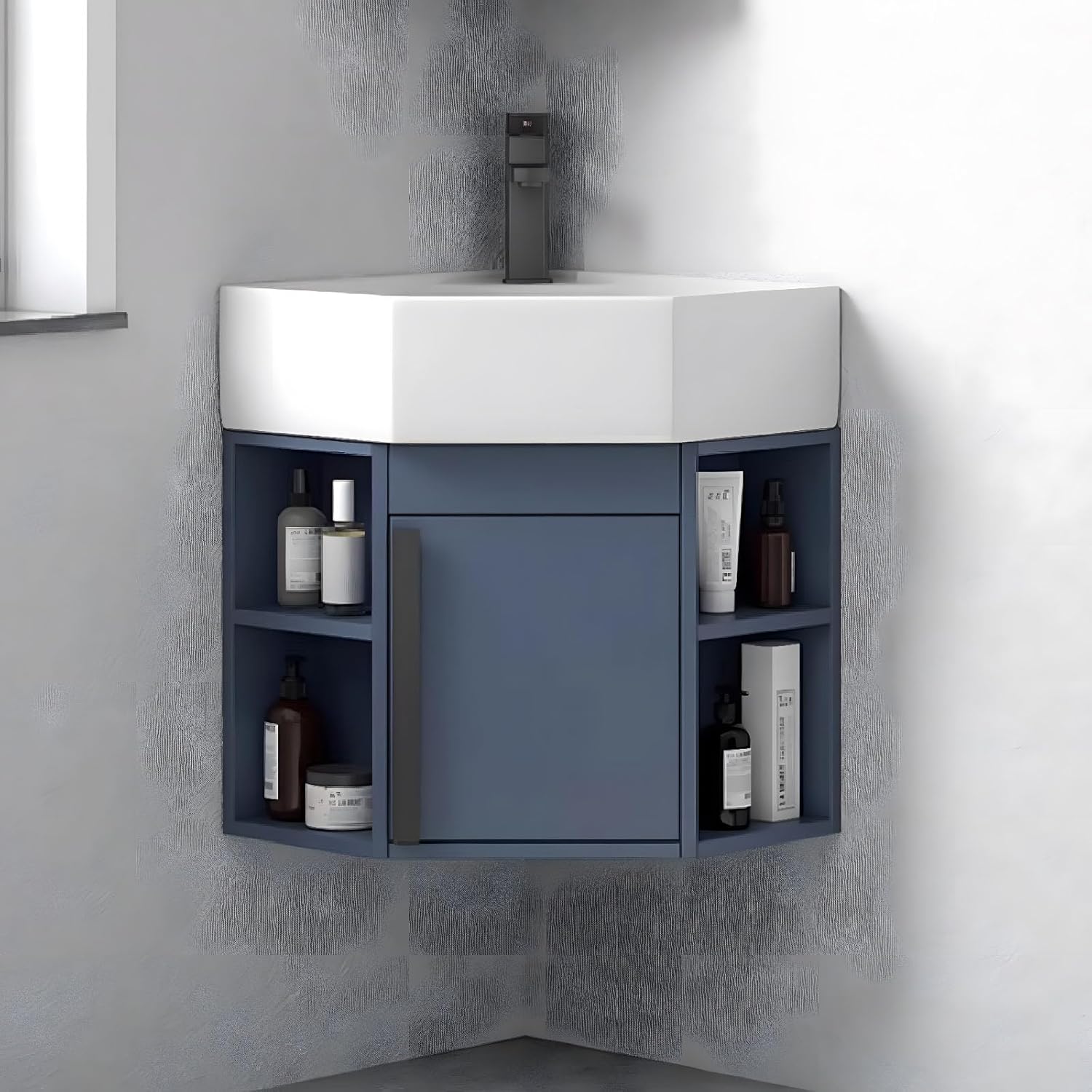 Armario de esquina para baño con fregadero mural, grifo cromado superior y desagüe, ideal para espacios pequeños-Nookgetly