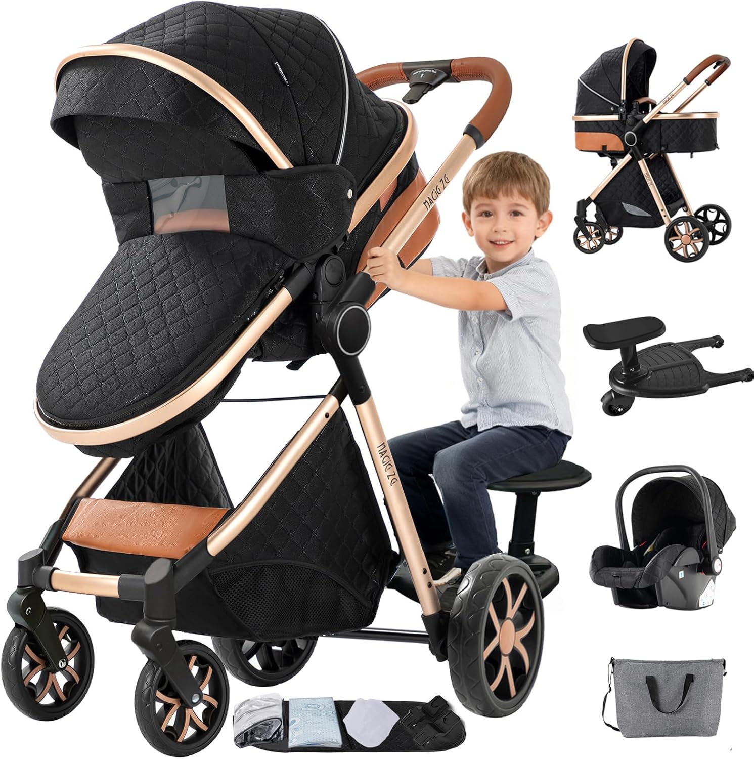 Cochecito 3 en 1 negro reversible con segunda plataforma plegado un clic accesorios completos y ruedas EVA-Nookgetly