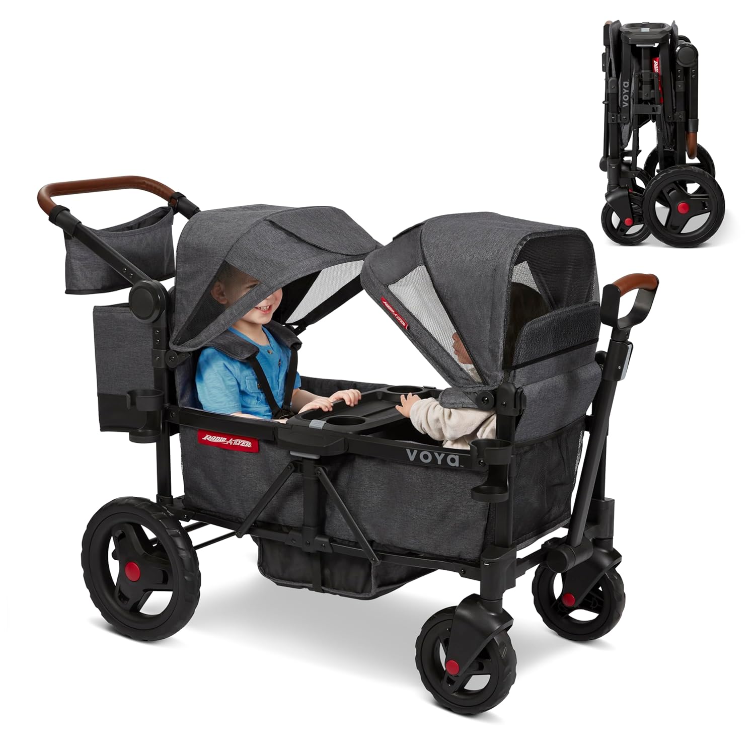 Cochecito doble wagon gris con 2 asientos cara a cara toldo UV bandeja para aperitivos asa ajustable y plegado compacto-Nookgetly