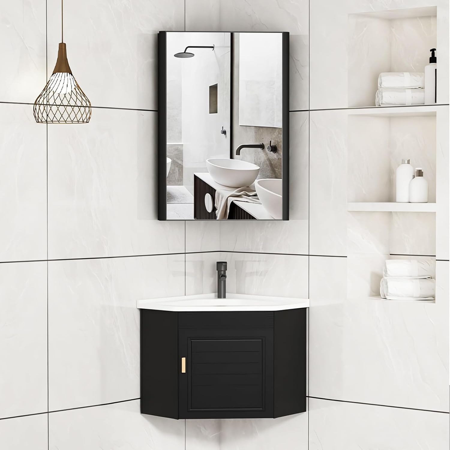 Combo de lavabo esquinero mural con armario espejo grifo frío caliente y almacenamiento para baño cocina lavandería-Nookgetly