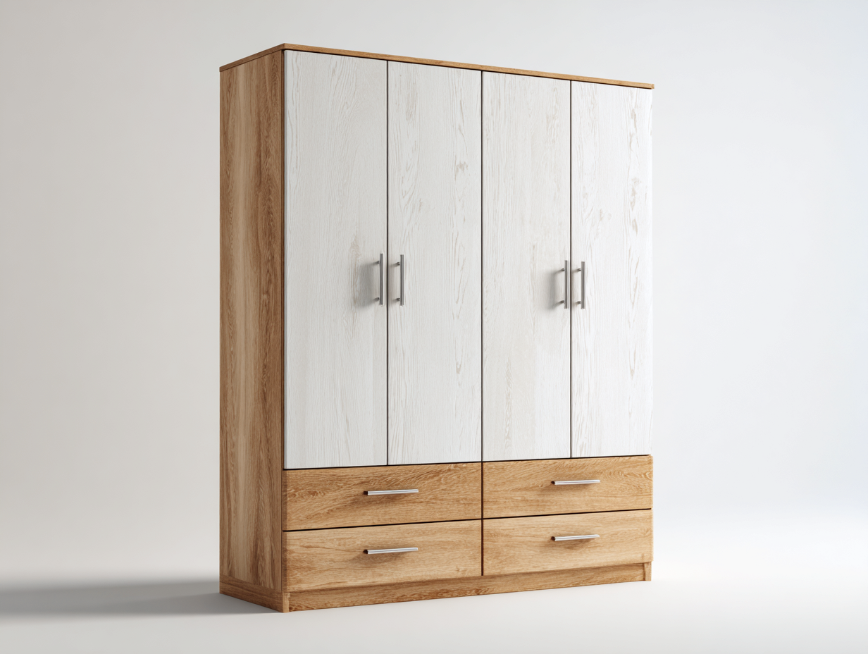 Armarios de cuatro puertas de madera 180x60x200 cm - acabado madera natural - blanco-marrón - diseño moderno funcional-Nookgetly