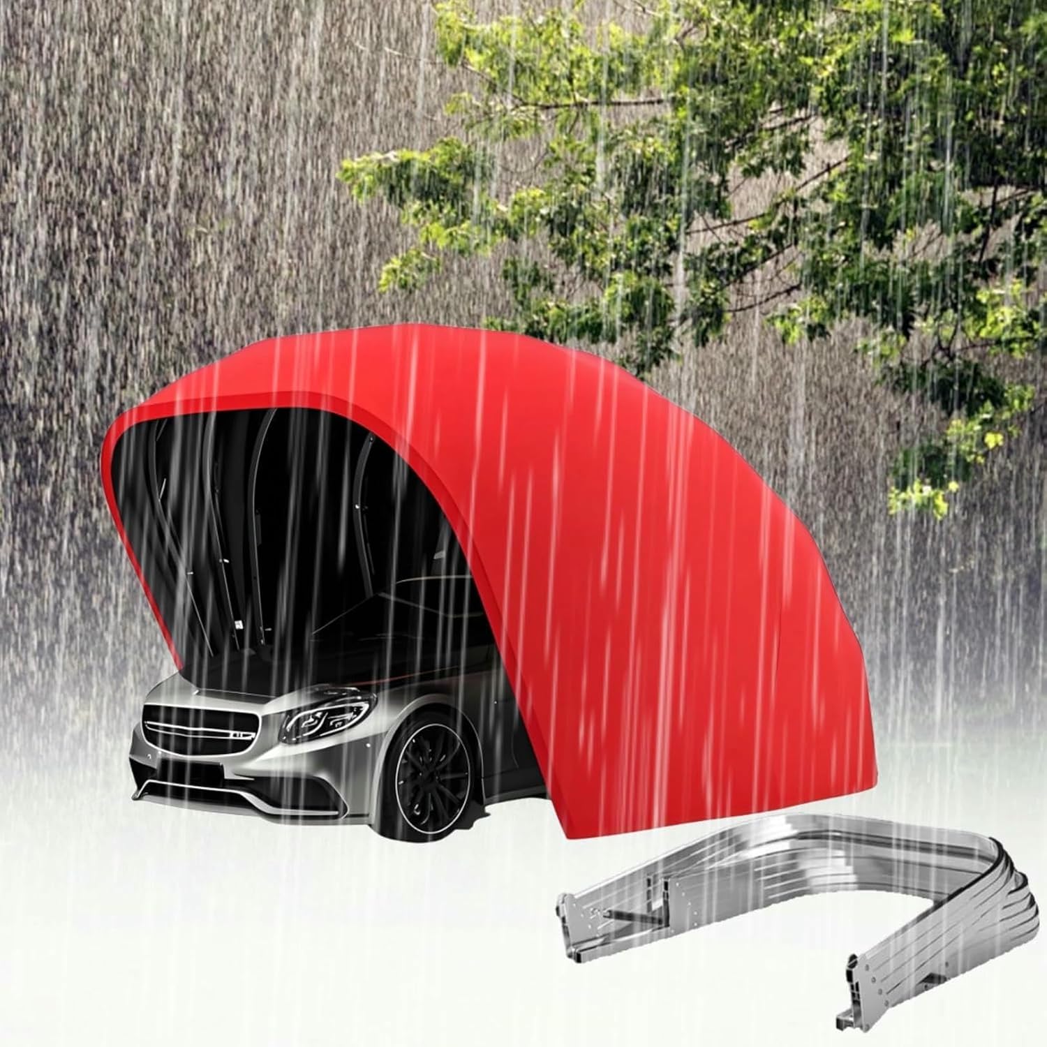 Toldo portátil para coche 5,9x2,5x2,45 m con marco de acero inoxidable, cochera plegable para exterior, protección total contra sol, lluvia y viento-Nookgetly