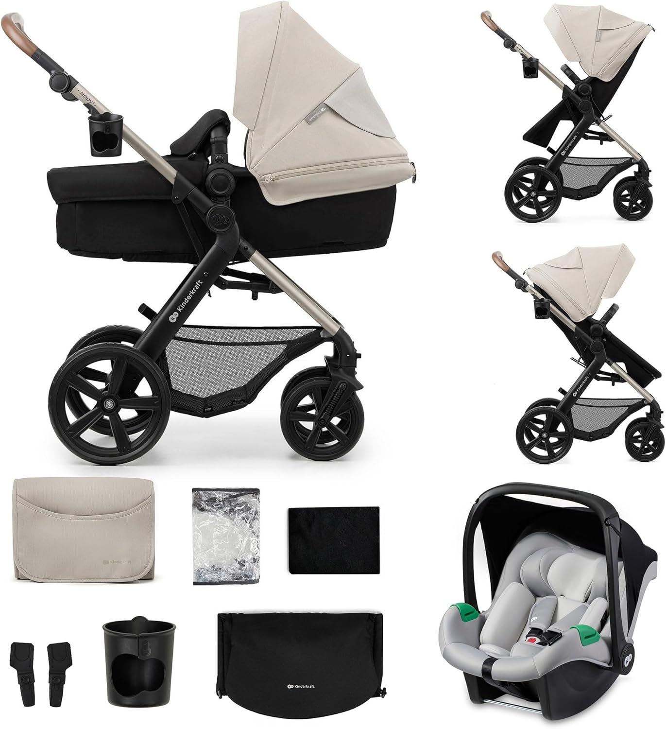 Kinderkraft MOOV2 carrito bebé 3 en 1 con Mink PRO i-Size, sistema de viaje plegable con silla de paseo desde el nacimiento hasta 22 kg, gris-Nookgetly