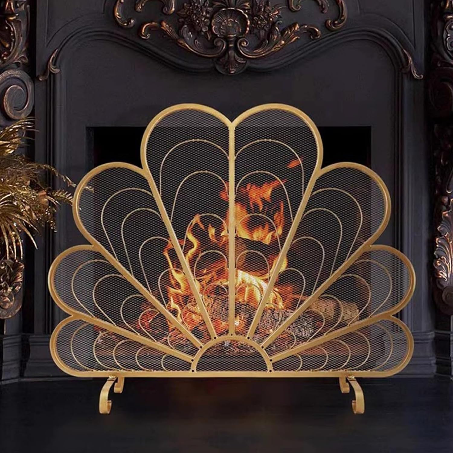 Pantalla protectora dorada para chimenea con diseño de pavo real para hogueras abiertas y quemadores de madera interiores-Nookgetly