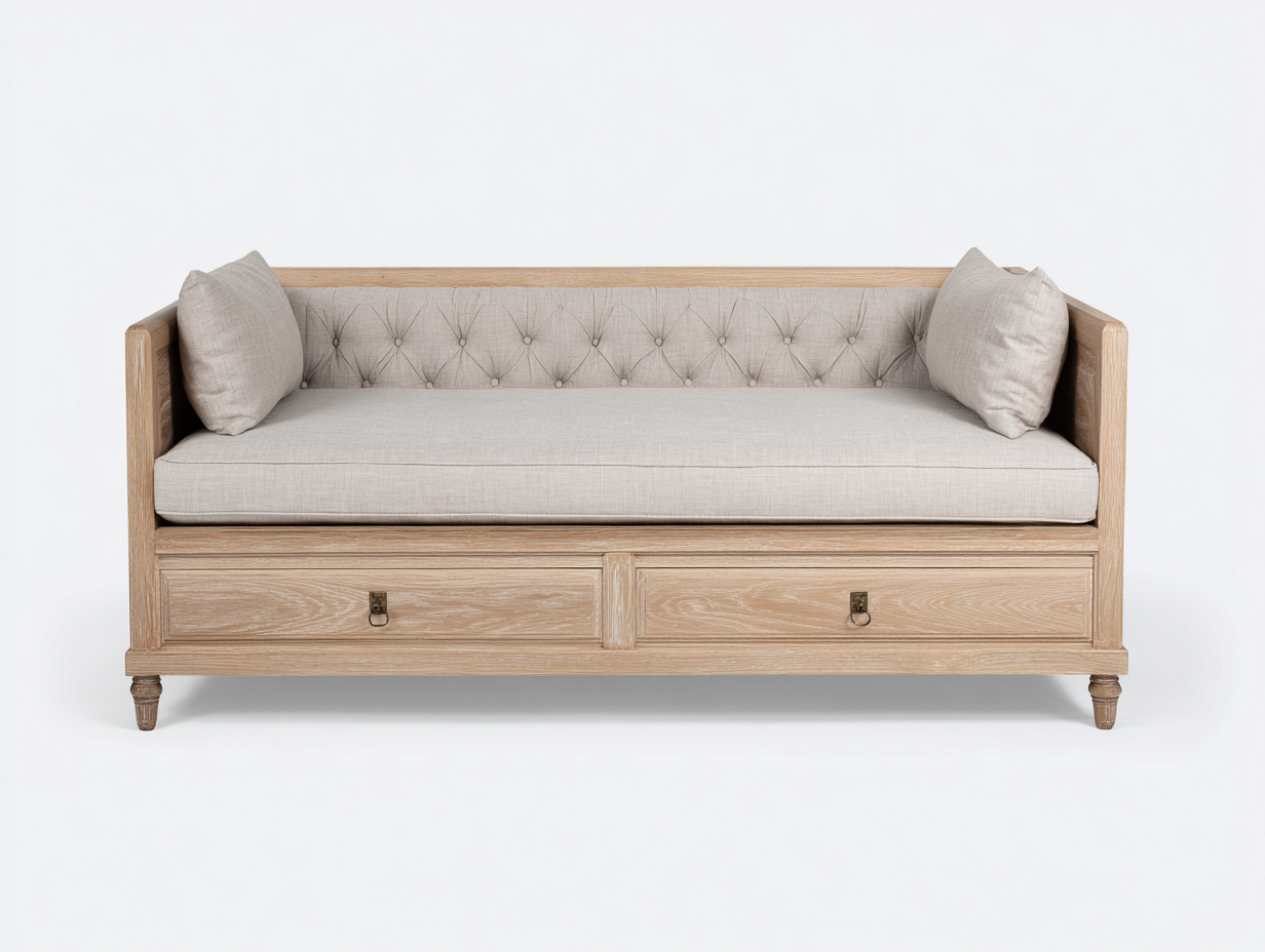 Sofá cama de madera con cajones 200x90x85 cm - color natural - diseño clásico para dormitorio-Nookgetly